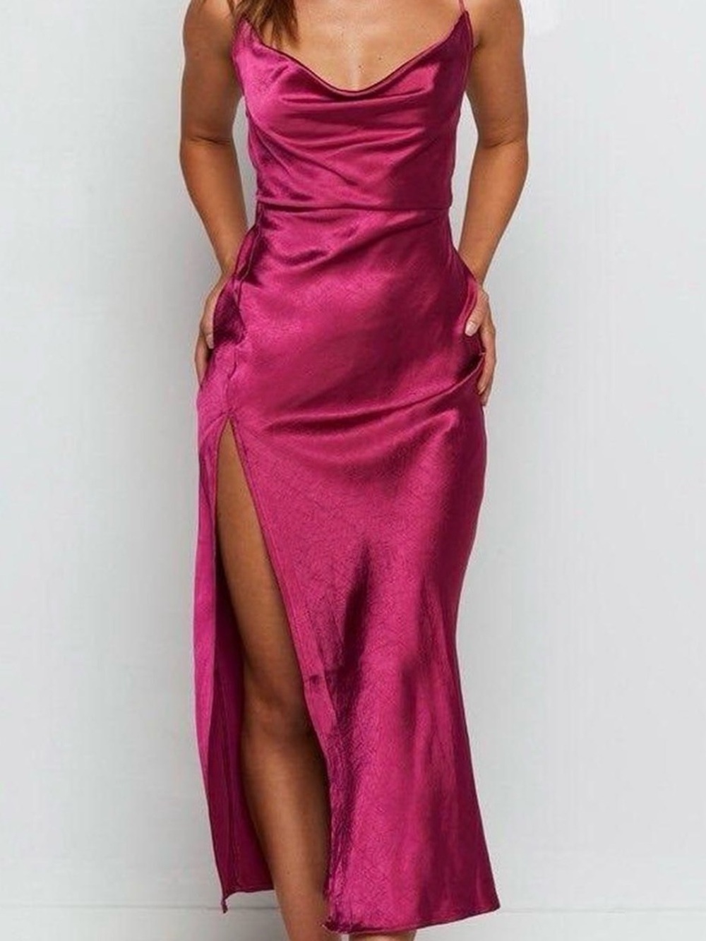 Lioness Fuchsia Satin Cowl Midi Dress with Side Slit
